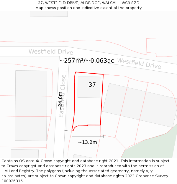 37, WESTFIELD DRIVE, ALDRIDGE, WALSALL, WS9 8ZD: Plot and title map