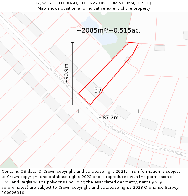 37, WESTFIELD ROAD, EDGBASTON, BIRMINGHAM, B15 3QE: Plot and title map