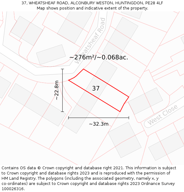 37, WHEATSHEAF ROAD, ALCONBURY WESTON, HUNTINGDON, PE28 4LF: Plot and title map