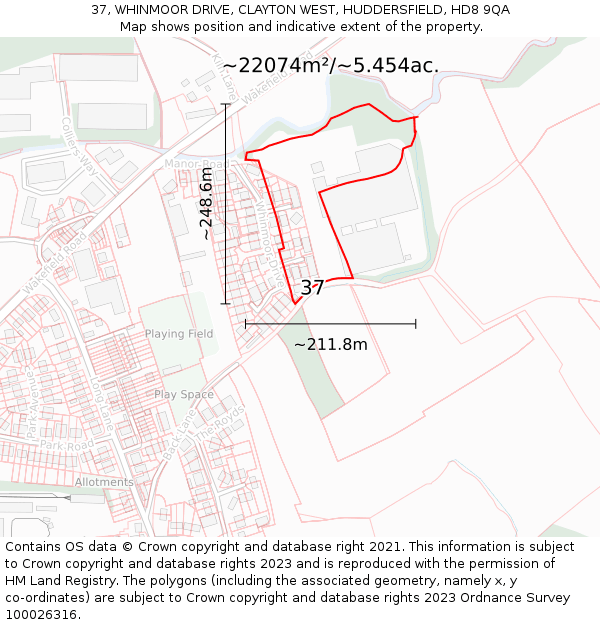 37, WHINMOOR DRIVE, CLAYTON WEST, HUDDERSFIELD, HD8 9QA: Plot and title map