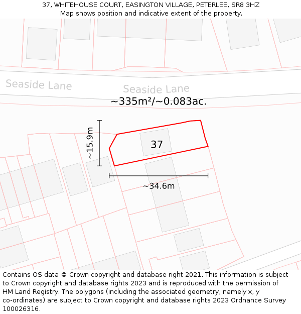 37, WHITEHOUSE COURT, EASINGTON VILLAGE, PETERLEE, SR8 3HZ: Plot and title map