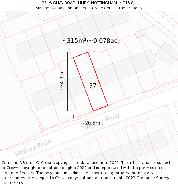 37, WIGHAY ROAD, LINBY, NOTTINGHAM, NG15 8JL: Plot and title map