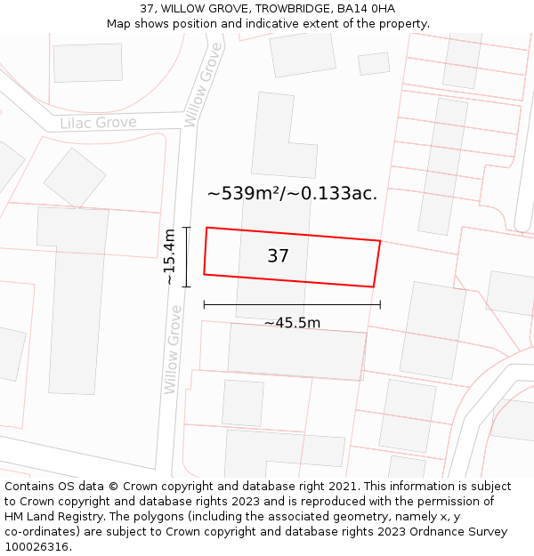 37, WILLOW GROVE, TROWBRIDGE, BA14 0HA: Plot and title map