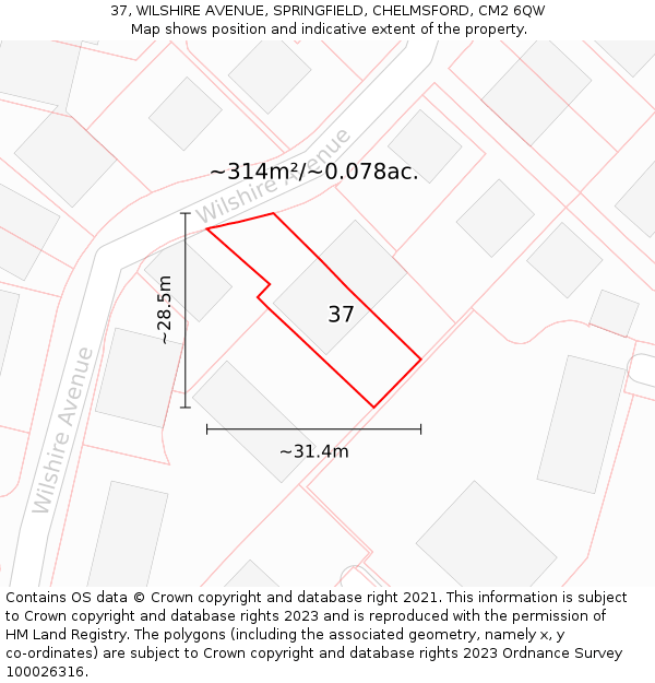 37, WILSHIRE AVENUE, SPRINGFIELD, CHELMSFORD, CM2 6QW: Plot and title map