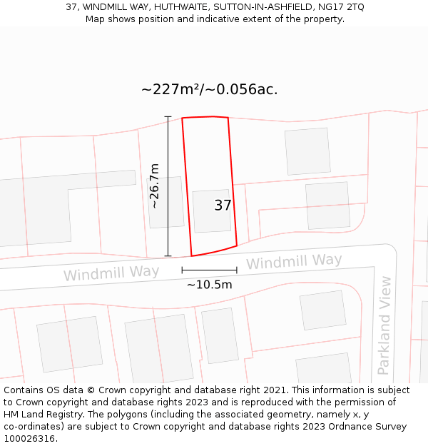 37, WINDMILL WAY, HUTHWAITE, SUTTON-IN-ASHFIELD, NG17 2TQ: Plot and title map