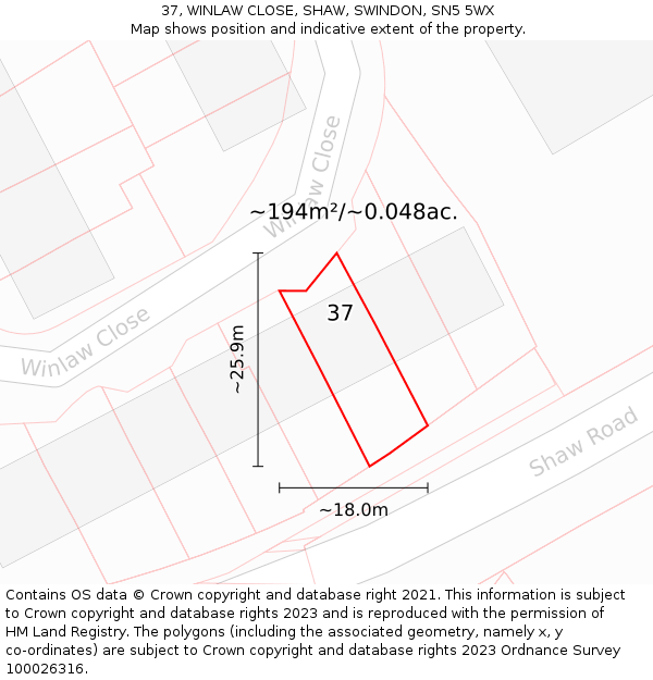 37, WINLAW CLOSE, SHAW, SWINDON, SN5 5WX: Plot and title map