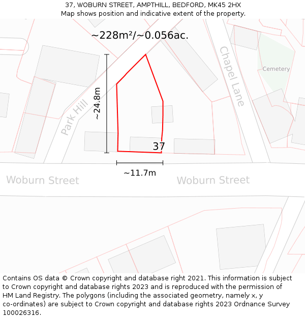 37, WOBURN STREET, AMPTHILL, BEDFORD, MK45 2HX: Plot and title map