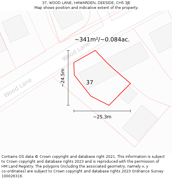 37, WOOD LANE, HAWARDEN, DEESIDE, CH5 3JE: Plot and title map