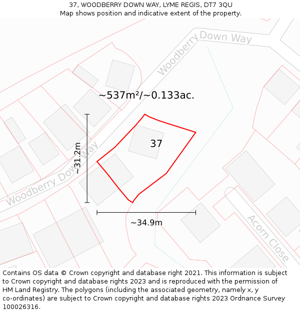 37, WOODBERRY DOWN WAY, LYME REGIS, DT7 3QU: Plot and title map