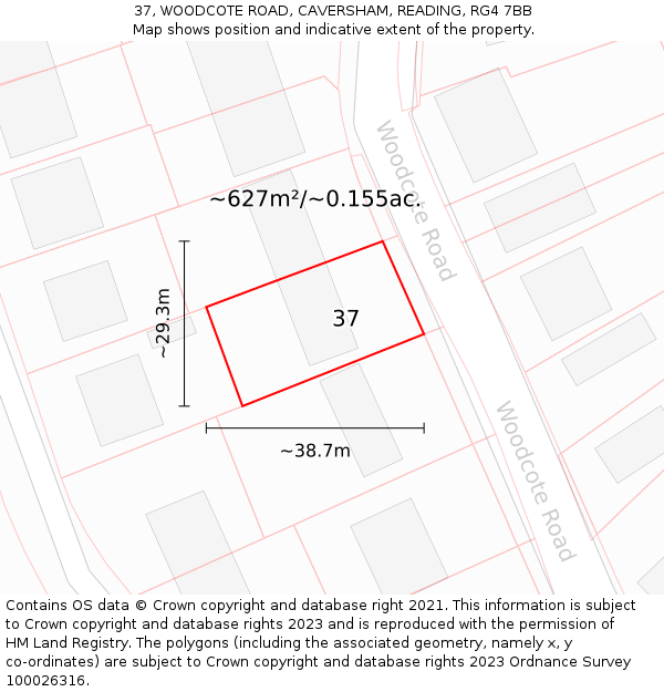 37, WOODCOTE ROAD, CAVERSHAM, READING, RG4 7BB: Plot and title map