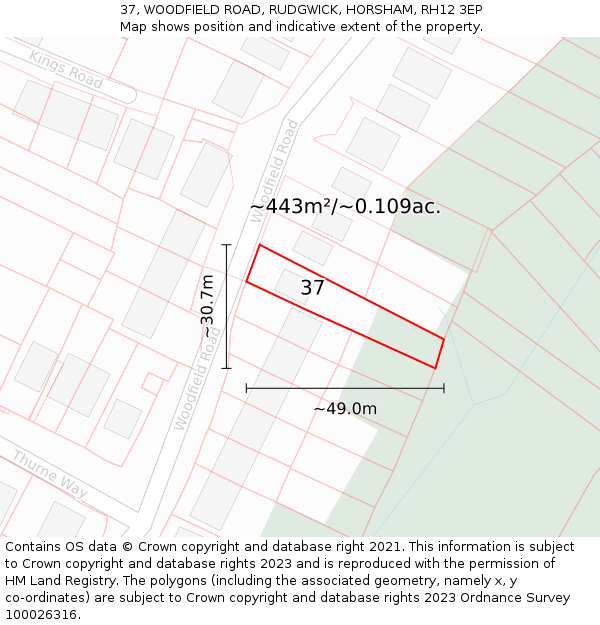 37, WOODFIELD ROAD, RUDGWICK, HORSHAM, RH12 3EP: Plot and title map