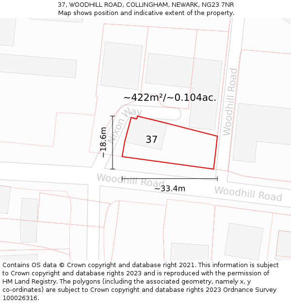 37, WOODHILL ROAD, COLLINGHAM, NEWARK, NG23 7NR: Plot and title map