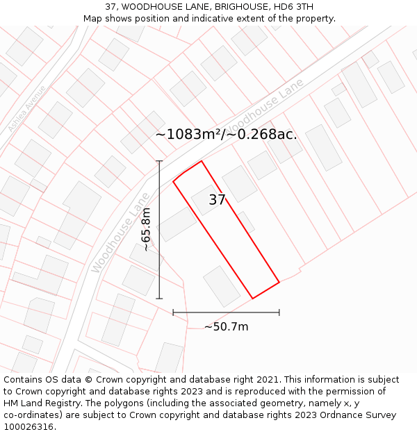 37, WOODHOUSE LANE, BRIGHOUSE, HD6 3TH: Plot and title map