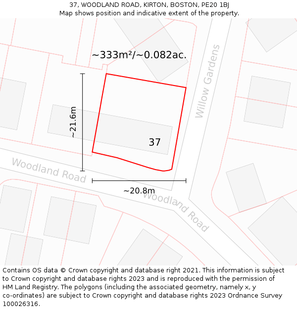 37, WOODLAND ROAD, KIRTON, BOSTON, PE20 1BJ: Plot and title map
