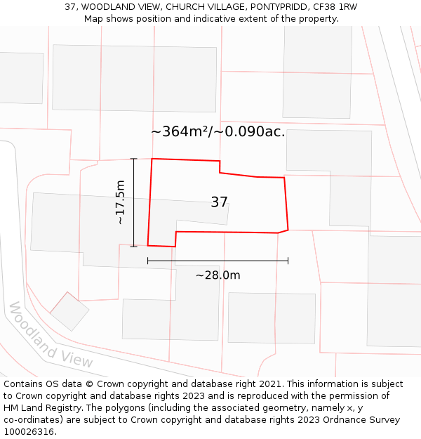 37, WOODLAND VIEW, CHURCH VILLAGE, PONTYPRIDD, CF38 1RW: Plot and title map