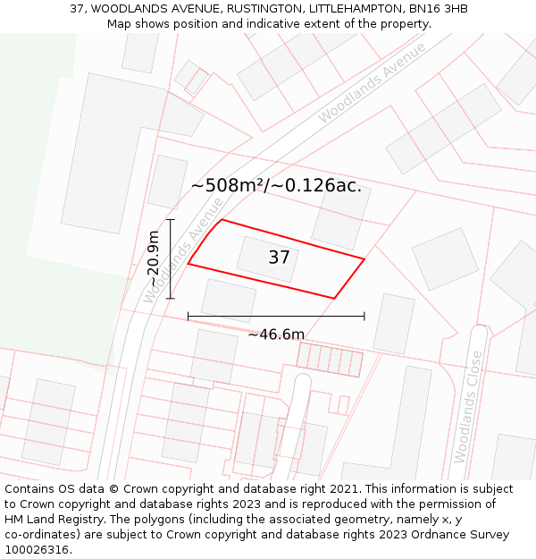 37, WOODLANDS AVENUE, RUSTINGTON, LITTLEHAMPTON, BN16 3HB: Plot and title map