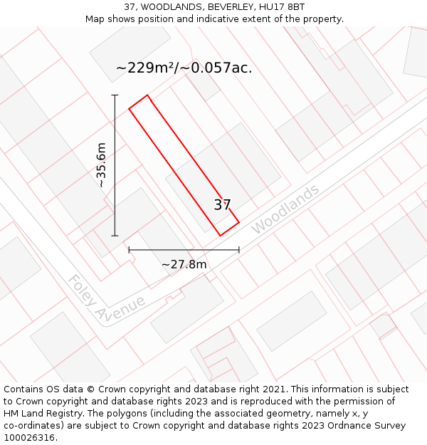 37, WOODLANDS, BEVERLEY, HU17 8BT: Plot and title map