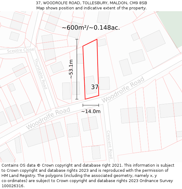 37, WOODROLFE ROAD, TOLLESBURY, MALDON, CM9 8SB: Plot and title map