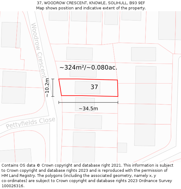 37, WOODROW CRESCENT, KNOWLE, SOLIHULL, B93 9EF: Plot and title map