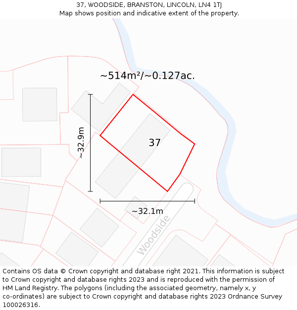 37, WOODSIDE, BRANSTON, LINCOLN, LN4 1TJ: Plot and title map