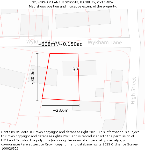 37, WYKHAM LANE, BODICOTE, BANBURY, OX15 4BW: Plot and title map