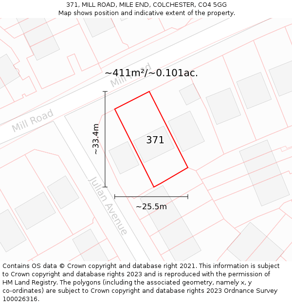 371, MILL ROAD, MILE END, COLCHESTER, CO4 5GG: Plot and title map