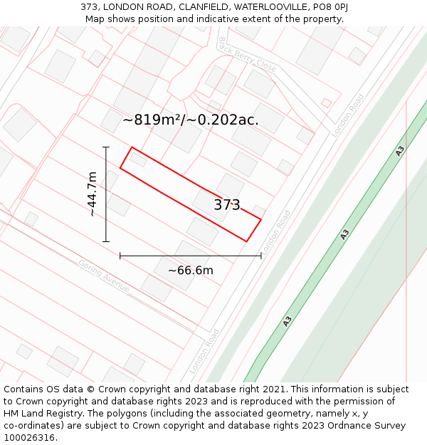 373, LONDON ROAD, CLANFIELD, WATERLOOVILLE, PO8 0PJ: Plot and title map