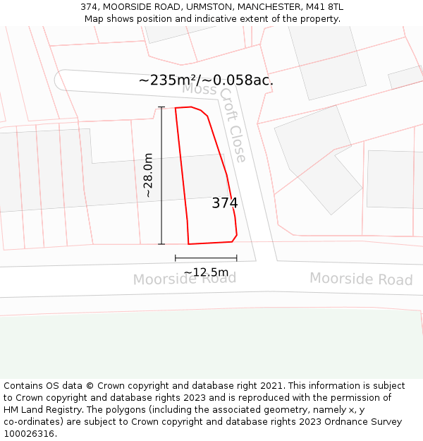 374, MOORSIDE ROAD, URMSTON, MANCHESTER, M41 8TL: Plot and title map