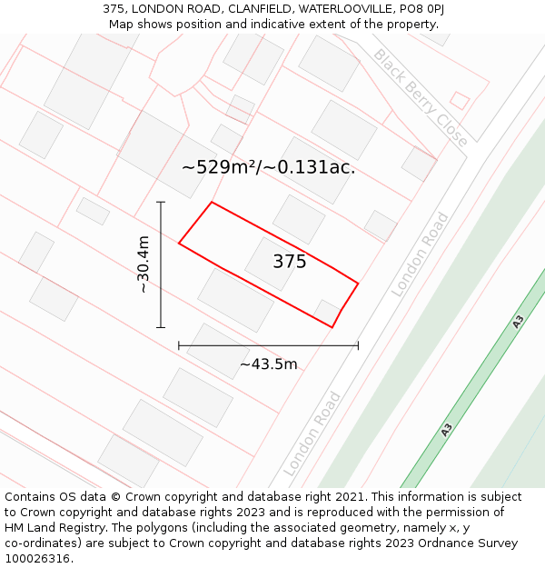 375, LONDON ROAD, CLANFIELD, WATERLOOVILLE, PO8 0PJ: Plot and title map