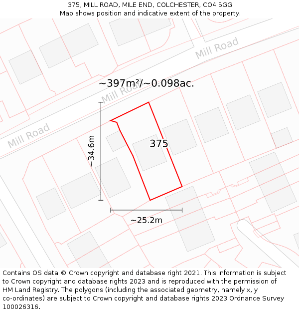 375, MILL ROAD, MILE END, COLCHESTER, CO4 5GG: Plot and title map