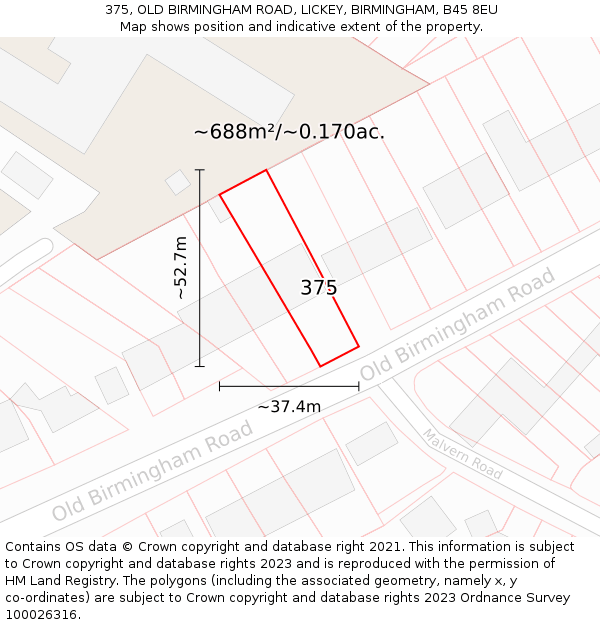 375, OLD BIRMINGHAM ROAD, LICKEY, BIRMINGHAM, B45 8EU: Plot and title map