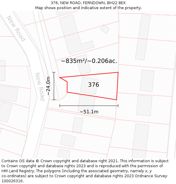 376, NEW ROAD, FERNDOWN, BH22 8EX: Plot and title map