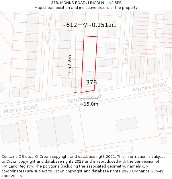 378, MONKS ROAD, LINCOLN, LN2 5PR: Plot and title map