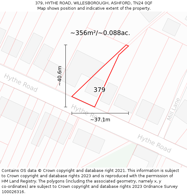 379, HYTHE ROAD, WILLESBOROUGH, ASHFORD, TN24 0QF: Plot and title map