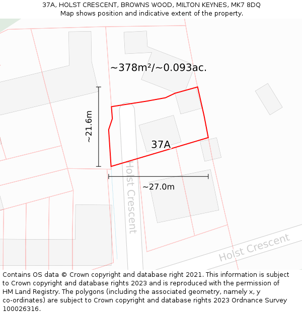 37A, HOLST CRESCENT, BROWNS WOOD, MILTON KEYNES, MK7 8DQ: Plot and title map