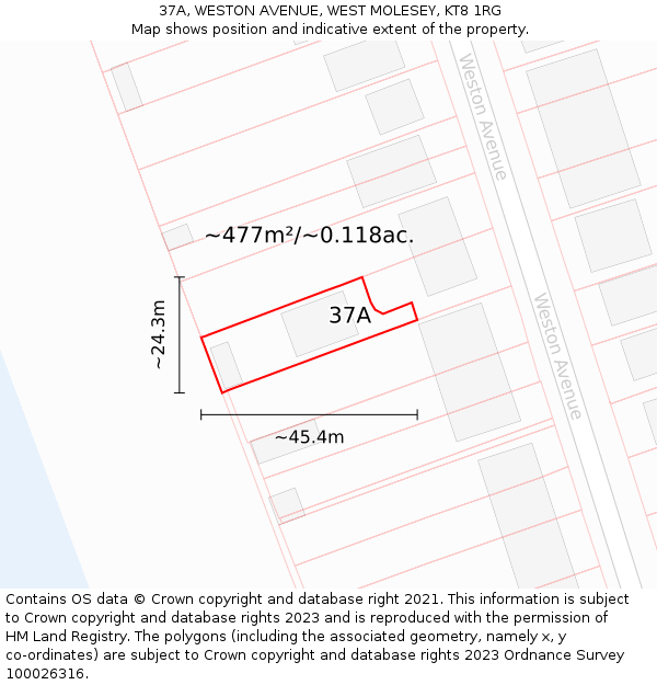 37A, WESTON AVENUE, WEST MOLESEY, KT8 1RG: Plot and title map