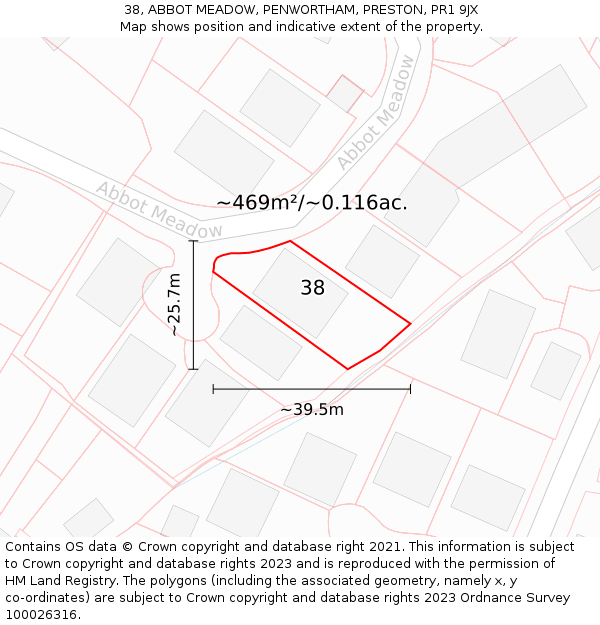 38, ABBOT MEADOW, PENWORTHAM, PRESTON, PR1 9JX: Plot and title map