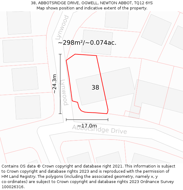 38, ABBOTSRIDGE DRIVE, OGWELL, NEWTON ABBOT, TQ12 6YS: Plot and title map