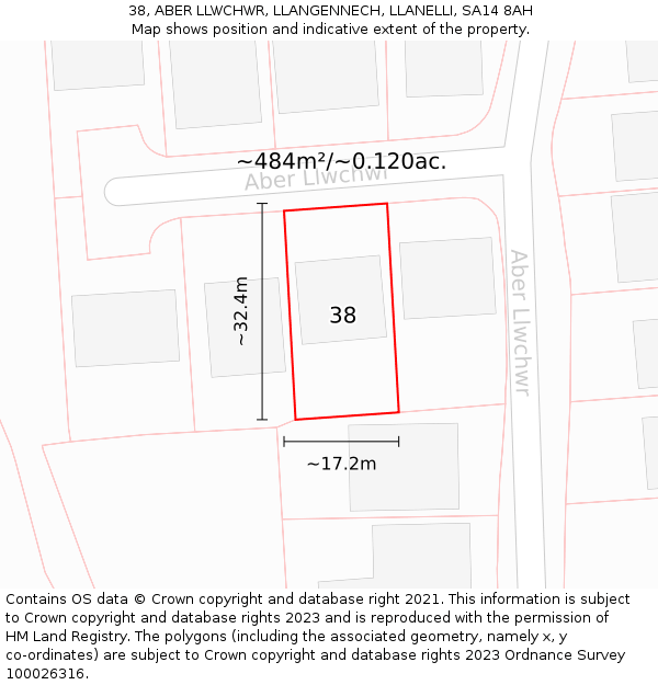 38, ABER LLWCHWR, LLANGENNECH, LLANELLI, SA14 8AH: Plot and title map