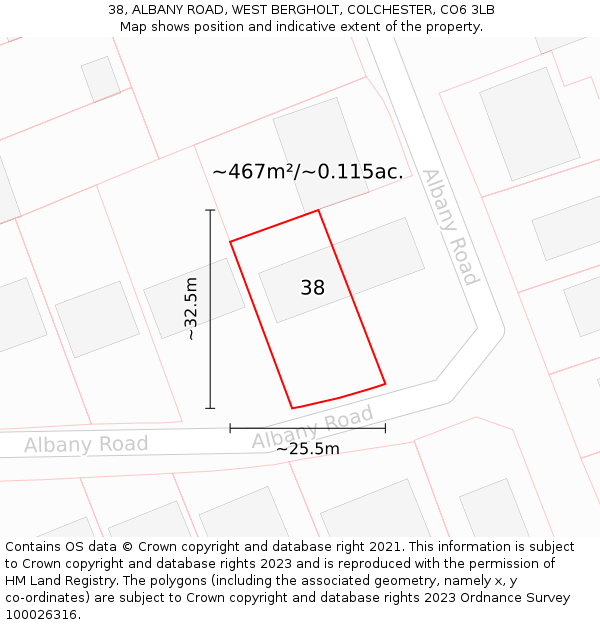 38, ALBANY ROAD, WEST BERGHOLT, COLCHESTER, CO6 3LB: Plot and title map
