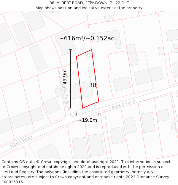 38, ALBERT ROAD, FERNDOWN, BH22 9HE: Plot and title map