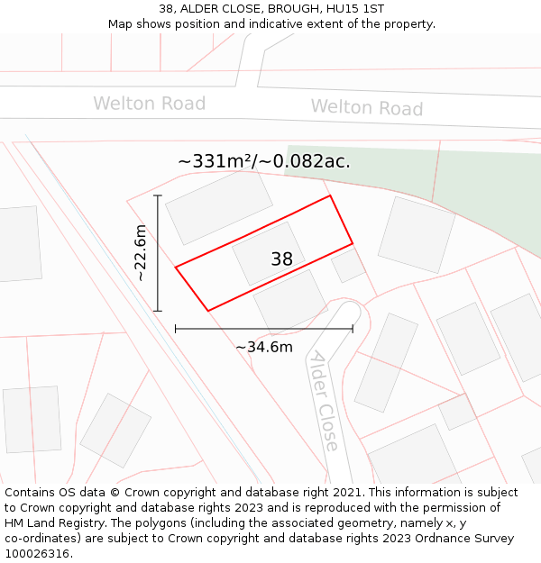 38, ALDER CLOSE, BROUGH, HU15 1ST: Plot and title map