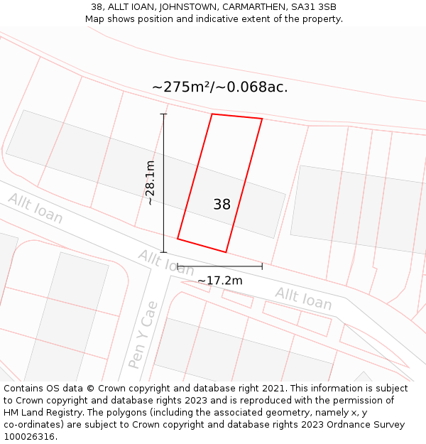 38, ALLT IOAN, JOHNSTOWN, CARMARTHEN, SA31 3SB: Plot and title map