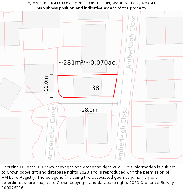 38, AMBERLEIGH CLOSE, APPLETON THORN, WARRINGTON, WA4 4TD: Plot and title map