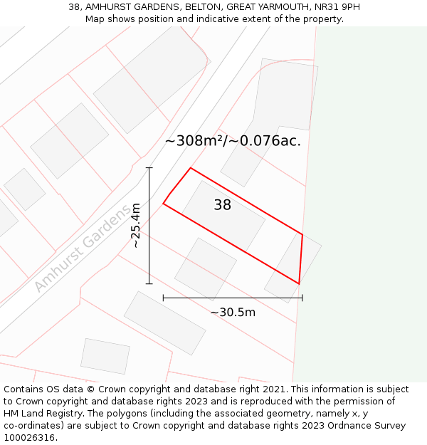 38, AMHURST GARDENS, BELTON, GREAT YARMOUTH, NR31 9PH: Plot and title map