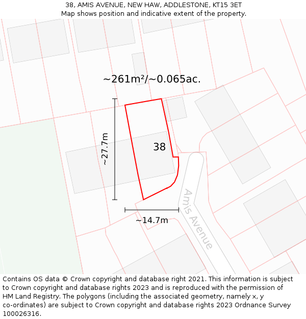 38, AMIS AVENUE, NEW HAW, ADDLESTONE, KT15 3ET: Plot and title map