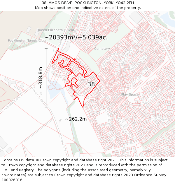 38, AMOS DRIVE, POCKLINGTON, YORK, YO42 2FH: Plot and title map