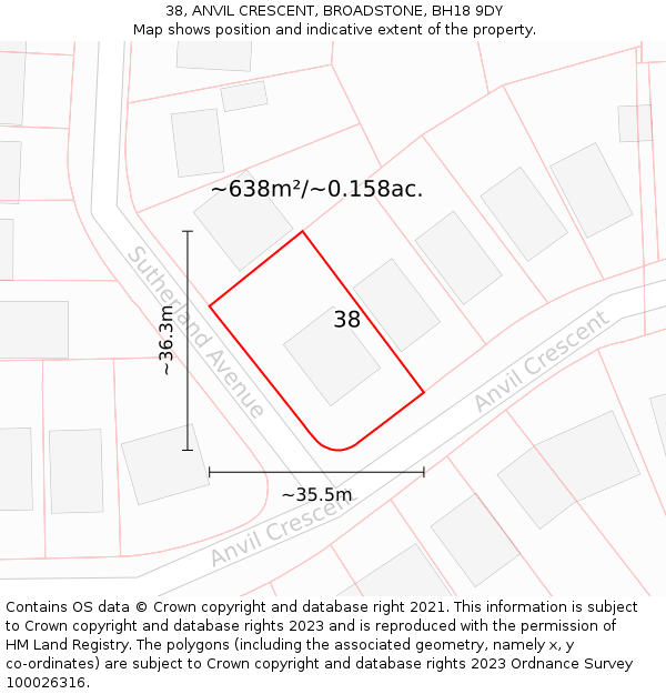 38, ANVIL CRESCENT, BROADSTONE, BH18 9DY: Plot and title map