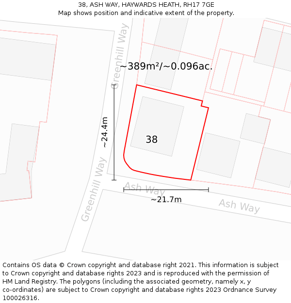 38, ASH WAY, HAYWARDS HEATH, RH17 7GE: Plot and title map