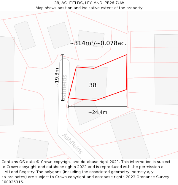 38, ASHFIELDS, LEYLAND, PR26 7UW: Plot and title map